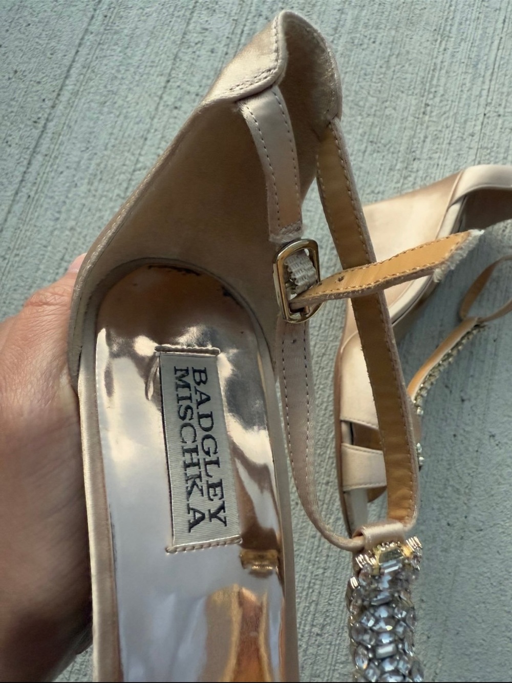 Badgley Mischka Rose Gold Satin T-Strap Crystal Embellished Heels - Picture 7 of 12